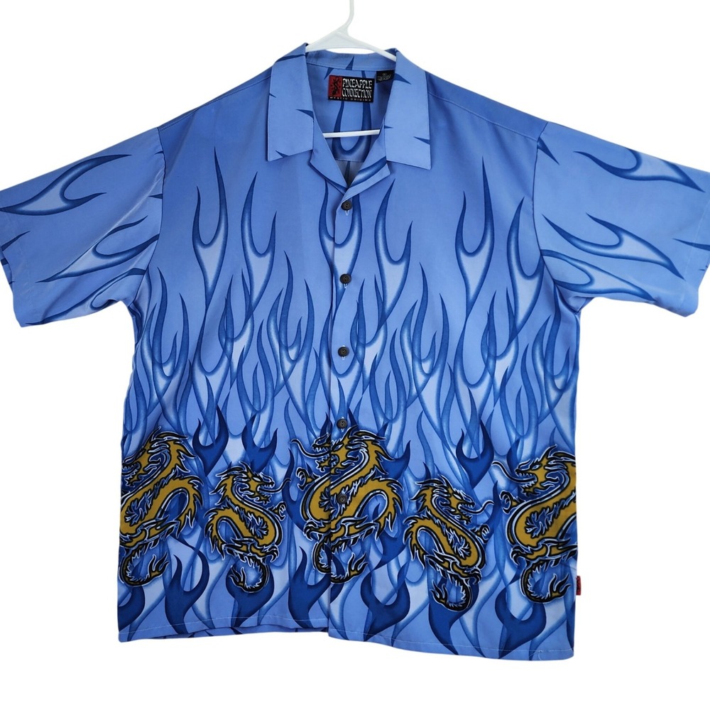 Pineapple‎ Connection Mens Blue Dragon Flame Short Sleeve Button Up Shirt XL